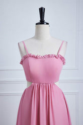 Straps Powder Pink Bow Tie Back Ruffle Chiffon Maxi Dress